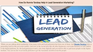 How Do Ronnie Tarabay Help In Lead Generation Marketing