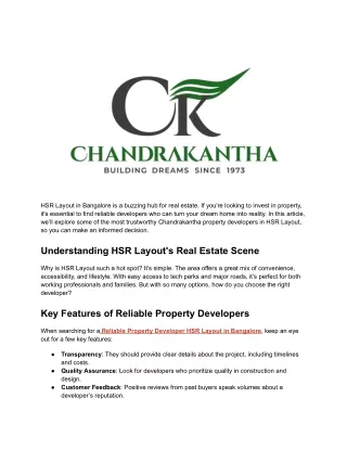 Reliable Property Developers in HSR Layout Bangalore