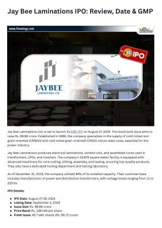 Jay Bee Laminations IPO Review, Valuation, Date & GMP