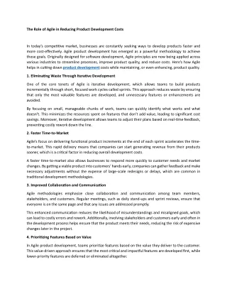 The Role of Agile in Reducing Product Development Costs