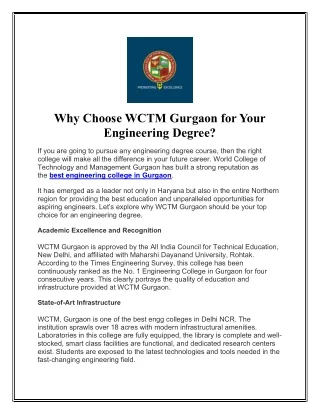 Why Choose WCTM Gurgaon for Your Engineering Degree