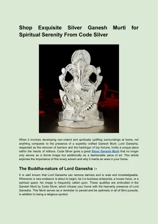 Shop Exquisite Silver Ganesh Murti for Spiritual Serenity From Code Silver