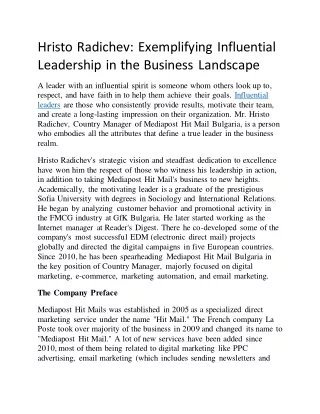 Hristo Radichev: Exemplifying Influential Leadership in the Business Landscape