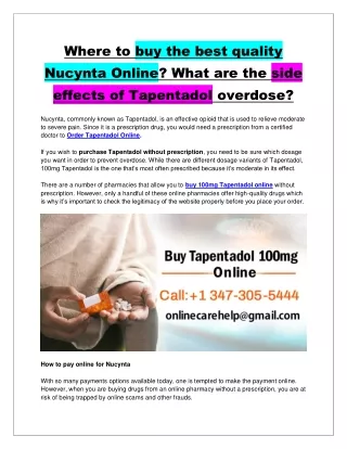 Where to buy the best quality Nucynta Online? side effects of Tapentadol overdos