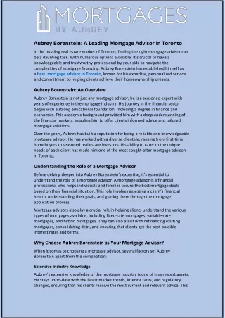 Aubrey Borenstein: A Leading Mortgage Advisor in Toronto