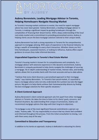 Aubrey Borenstein, Leading Mortgage Advisor in Toronto, Helping Homebuyers