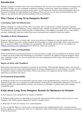 The Benefits of Long-Term Dumpster Rentals for Businesses in Orlando