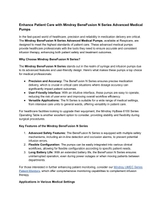 Enhance Patient Care with Mindray BeneFusion N Series Advanced Medical Pumps