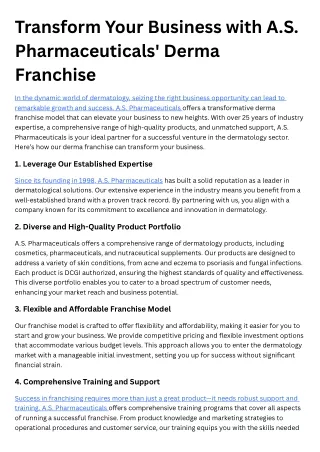 Transform Your Business with A.S. Pharmaceuticals' Derma Franchise