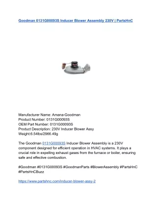 Goodman 0131G00093S Inducer Blower Assembly 230V _ PartsHnC
