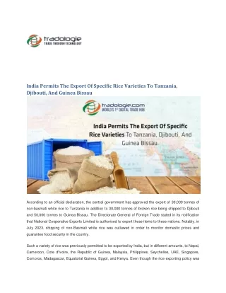 India Permits The Export Of Specific Rice Varieties To Tanzania, Djibouti, And Guinea Bissau