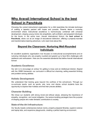 Why Aravali International School is the best School in Panchkula