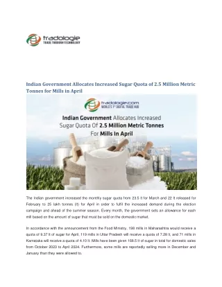 Indian Government Allocates Increased Sugar Quota of 2.5 Million Metric Tonnes for Mills in April
