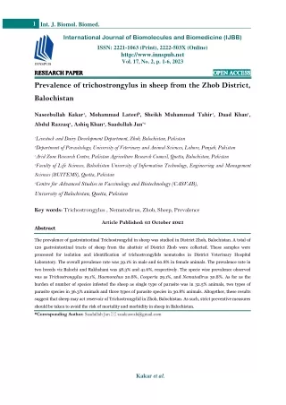Prevalence of trichostrongylus in sheep from the Zhob District, Balochistan