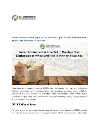 Indian Government Is Expected To Maintain Open Market Sale Of Wheat And Rice In The Next Fiscal Year