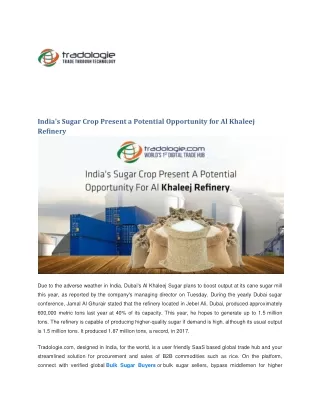 India's Sugar Crop Present a Potential Opportunity for Al Khaleej Refinery