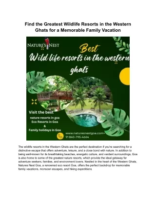 Find the Greatest Wildlife Resorts in the Western Ghats for a Memorable Family Vacation