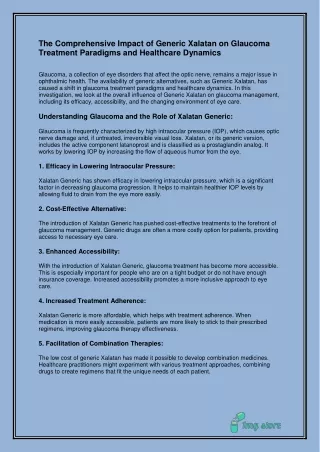 The Comprehensive Impact of Generic Xalatan on Glaucoma Treatment Paradigms and Healthcare Dynamics