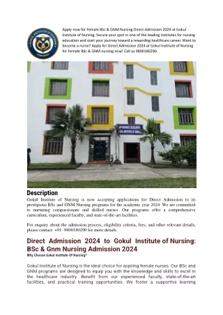 Female BSc & GNM Nursing Direct Admission 2024 at Gokul Institute of Nursing