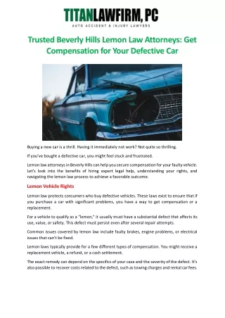 Trusted Beverly Hills Lemon Law Attorneys Get Compensation for Your Defective Car