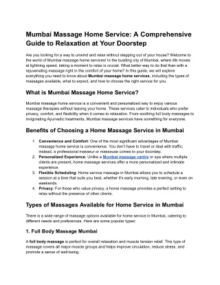 Mumbai Massage Home Service: A Comprehensive Guide to Relaxation at Your Doorste