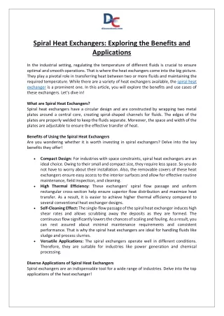 Spiral Heat Exchangers- Exploring the Benefits and Applications