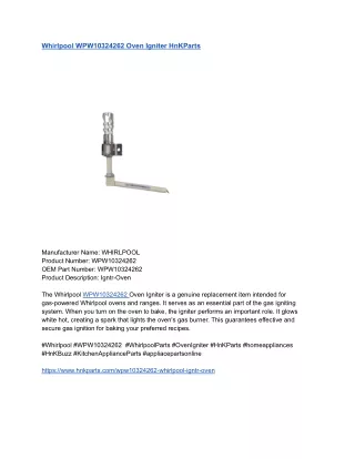 Whirlpool WPW10324262 Oven Igniter HnKParts