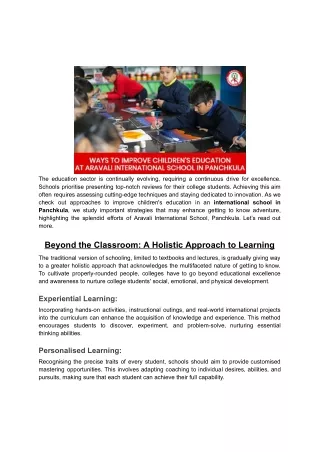 Ways to improve children's education at Aravali International School in Panchkula