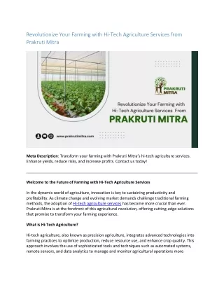 Revolutionize Your Farming with Hi-Tech Agriculture Services from Prakruti Mitra