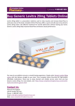 Buy Generic Levitra 20mg Tablets Online