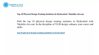 Top 10 Physical Design Training Institutes In Hyderabad  Takshila-vlsi.com