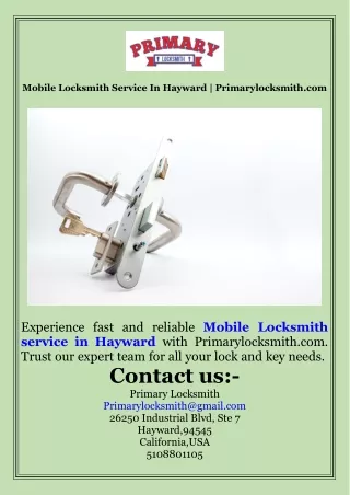 Mobile Locksmith Service In Hayward  Primarylocksmith.com