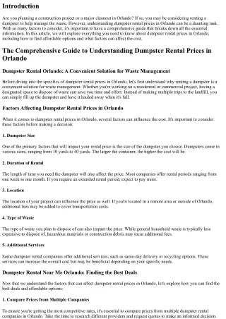 The Comprehensive Guide to Understanding Dumpster Rental Prices in Orlando