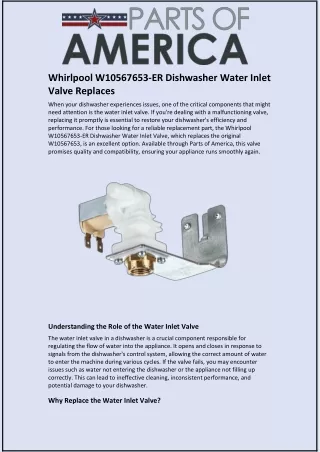 Whirlpool W10567653-ER Dishwasher Water Inlet Valve Replaces