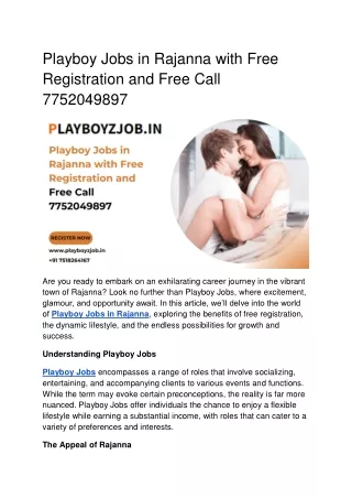 Playboy Jobs in Rajanna with Free Registration and Free Call 7752049897