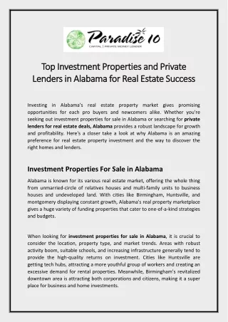 Top Investment Properties and Private Lenders in Alabama for Real Estate Success