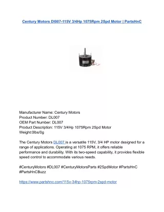 Century Motors Dl007-115V 3_4Hp 1075Rpm 2Spd Motor _ PartsHnC