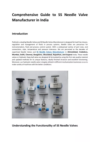 Comprehensive Guide to SS Needle Valve Manufacturing by Pedlock