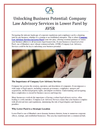 Expert Company Law Advisory Services in Lower Parel by AVSR
