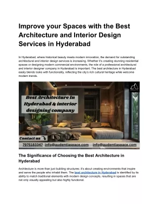 Improve your Spaces with the Best Architecture and Interior Design Services in Hyderabad