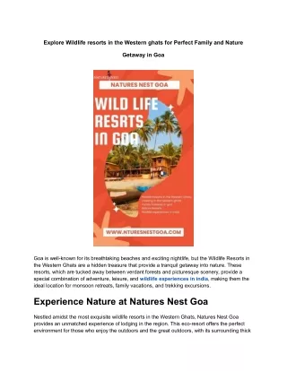 Explore Wildlife resorts in the Western ghats for Perfect Family and Nature Getaway in Goa