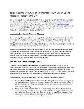 Maximize Your Athletic Performance with Expert Sports Massage Therapy in the UK