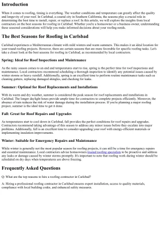The Best Seasons for Roofing in Carlsbad: Insights from Local Contractors