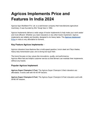 Agricos Implements Price and Features In India 2024