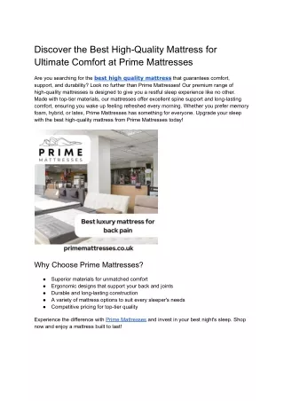 Best Luxury Mattress for Back Pain with Prime Mattresses