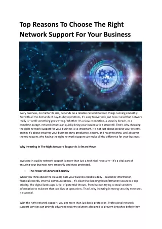 Top Reasons To Choose The Right Network Support For Your Business