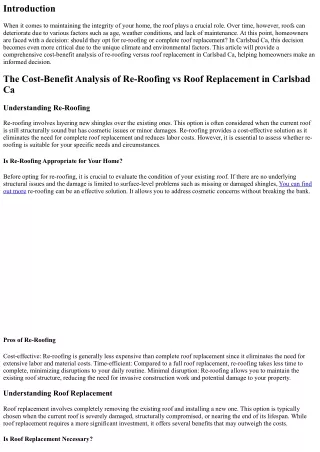 The Cost-Benefit Analysis of Re-Roofing vs Roof Replacement in Carlsbad Ca