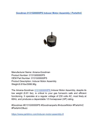 Goodman 0131G00000PS Inducer Motor Assembly _ PartsHnC