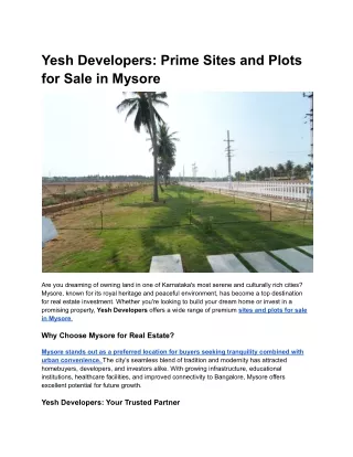 Yesh Developers_ Prime Sites and Plots for Sale in Mysore