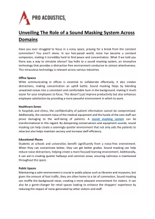 Unveiling The Role of a Sound Masking System Across Domains